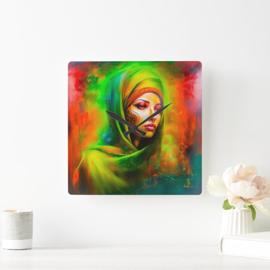 Mystische Frau in Neonfarben Quadratische Wanduhr (Zuhause)