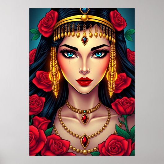Mystische Frau mit blauen Augen und Rote Rosen Poster (Vorne)