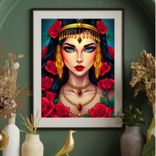 Mystische Frau mit blauen Augen und Rote Rosen Poster