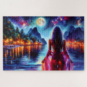 Mystische Frau unter Vollmond-Reflexionen Kunst Puzzle