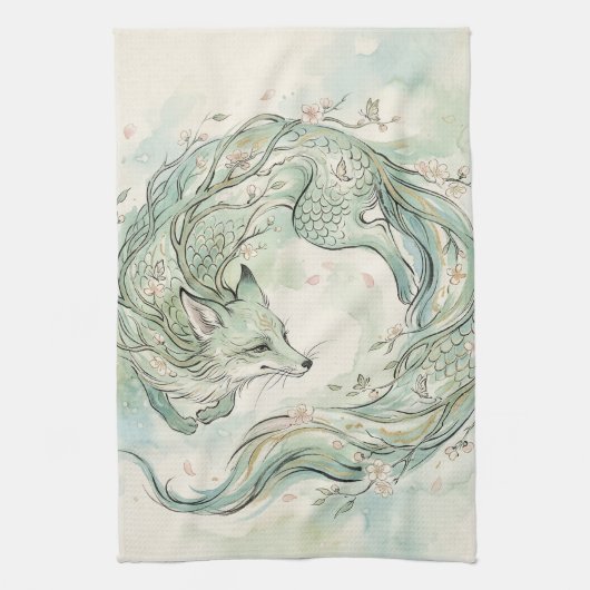Mystische Fuchsdrachen-Aquarellkunst (1) Geschirrtuch (Vertikal)