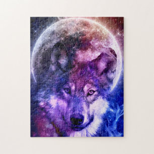 Mystische Galaxie-Wolf-Gesicht mit Vollmond Puzzle
