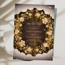 Mystische Glitzern Save the Date mit goldener Blüt