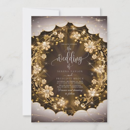 Mystische Glitzern und goldene Blumenhochzeit Einladung (Vorderseite)
