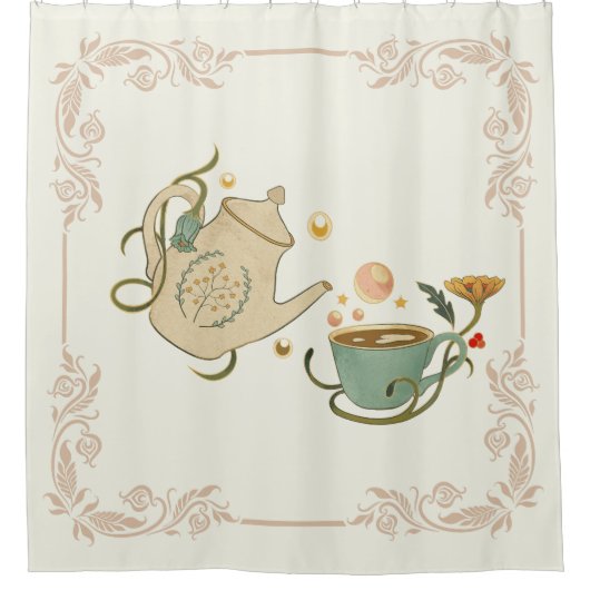Mystische Grafik, beige Tea Time Duschvorhang (Vorderseite)
