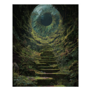 Mystische grüne mondbeschienene Waldtreppe Kunst Poster