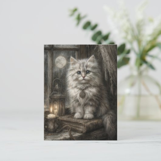 Mystische Halloween Niedliche Tabby Katze mit Kerz Postkarte (Stehend Vorderseite)