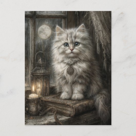 Mystische Halloween Niedliche Tabby Katze mit Kerz Postkarte (Vorderseite)