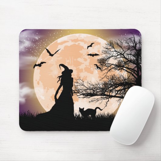 Mystische Hexe, schwarze Katze, Vollmond Mousepad (Mit Mouse)