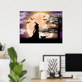 Mystische Hexe, schwarze Katze, Vollmond Poster (Heimbüro)