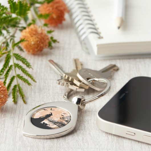 Mystische Hexe, schwarze Katze, Vollmond Schlüsselanhänger (Seite)