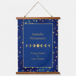 Mystische Himmelsstars Moon Phase Navy Blue Wandteppich Mit Holzrahmen