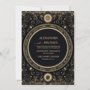 Mystische himmlische schwarze und goldene Hochzeit Einladung