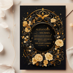 Mystische himmlische schwarze und goldene Hochzeit Einladung