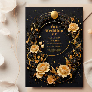 Mystische himmlische schwarze und goldene Hochzeit Einladung