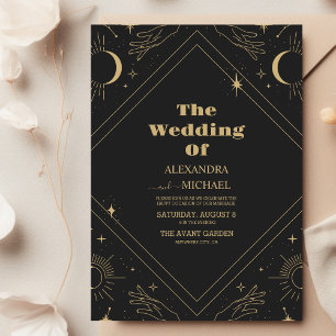 Mystische himmlische schwarze und goldene Hochzeit Einladung