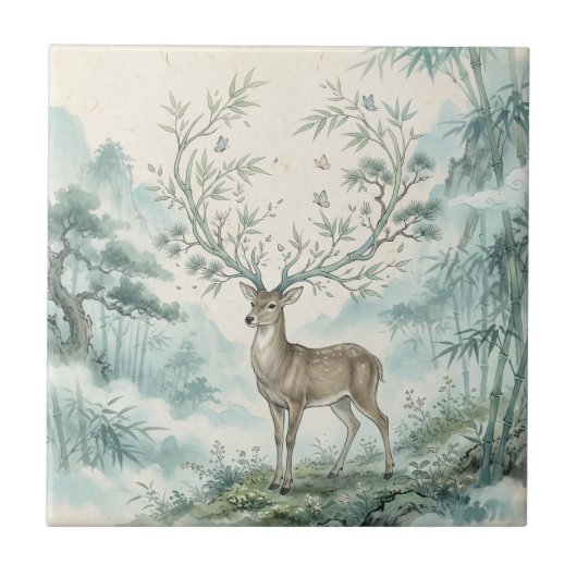 Mystische Hirschwald-Aquarellkunst Fliese (Vorderseite)