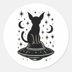 Mystische Katze auf UFO mit Sternen und Monden Runder Aufkleber
