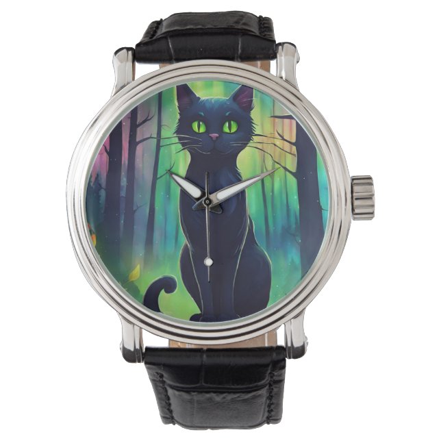 Mystische Katze der Nordlichter Armbanduhr (Vorderseite)