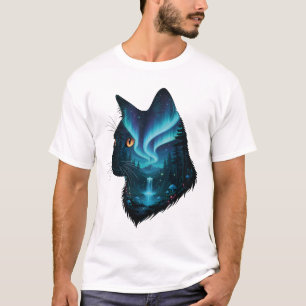 Mystische Katze Nordlichter Wald Silhouette  T-Shirt