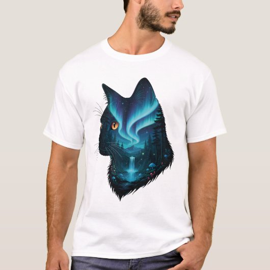 Mystische Katze Nordlichter Wald Silhouette  T-Shirt (Vorderseite)