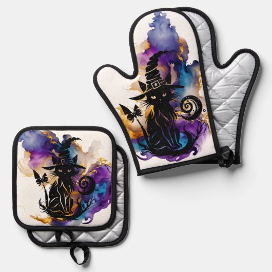 Mystische Katze Ofenhandschuh & Topflappen-Set (Vorderseite/Rückseite)