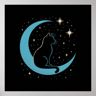 Mystische Katze unter dem blauen Mondhimmel Poster