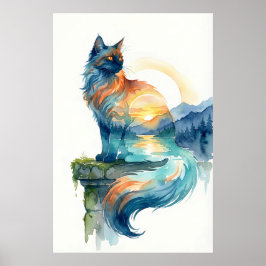 Mystische Katzen-Sonnenuntergang-Doppelbelichtung- Poster
