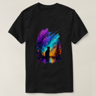 Mystische Katzensilhouette Nordlichter Schwarz T-Shirt