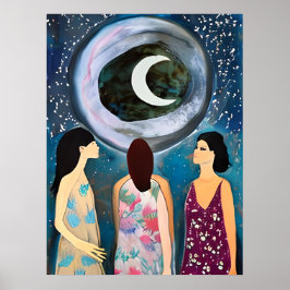 Mystische Kunst | Frauen mit Blick auf den Mond Poster