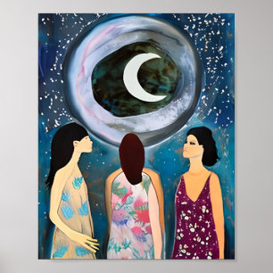 Mystische Kunst   Frauen mit Blick auf den Mond Poster