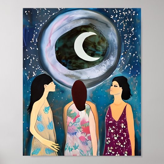 Mystische Kunst | Frauen mit Blick auf den Mond Poster (Vorne)