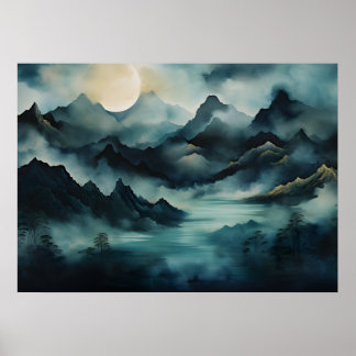 Mystische Landschaft: Mondlicht, Nebel, Fluss Poster