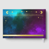 Mystische Lila Aquamarine Gold Sun Moon Stars Hoch Gästebuch (Rückseite)