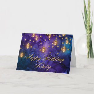Mystische lila blaue Feenlaternen Bokeh Geburtstag Karte