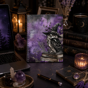 Mystische Lila Hexen-Eulen-Kunst mit individuellem Notizblock