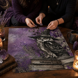 Mystische Lila Hexen-Eulen-Kunst mit individuellem Puzzle