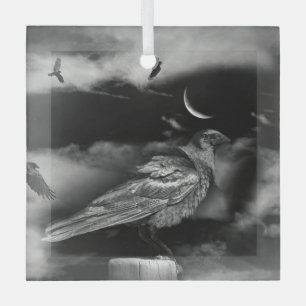Mystische Magie von Ravens und Crescent Moon Ornament Aus Glas