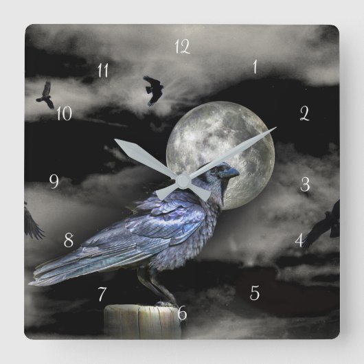 Mystische magische Raben oder Krähen und Mond Quadratische Wanduhr (Vorderseite)