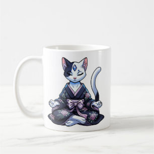 Mystische meditierende Katze im floralen Kimono Kaffeetasse