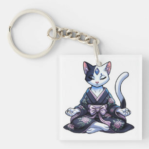 Mystische meditierende Katze im floralen Kimono Schlüsselanhänger