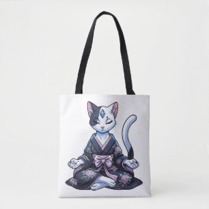 Mystische meditierende Katze im floralen Kimono Tasche