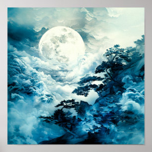 Mystische mondbeschienene Berglandschaft Poster