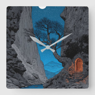 Mystische Nacht-Canyon-Wanduhr – Verzauberter Baum Quadratische Wanduhr