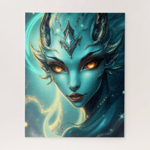 Mystische Neon-Abgrundsirene mit leuchtend bernste Puzzle