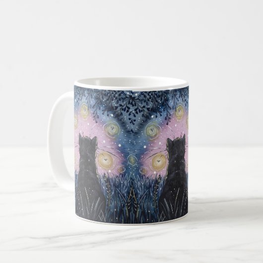 Mystische Night-Fireflies Cat Illustration Art Kaffeetasse (Vorderseite Links)