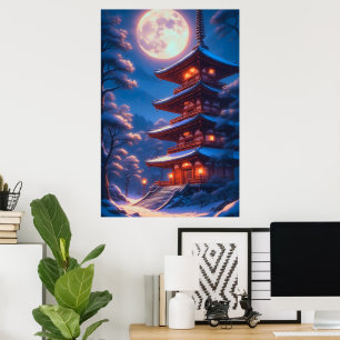 Mystische Pagode unter dem Mondhimmel Poster