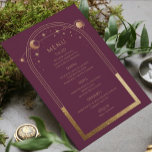 Mystische Pflaume Gold Sun Moon Stars Hochzeit Menükarte<br><div class="desc">Mystical Plum Gold Sun Moon Stars Astronomie Galaxy Celestial Cosmic Space Wedding Menu Cards verfügen über eine goldene Sonne, Mond und Sterne Rahmen auf einem Pflaumenuntergrund mit Ihren Menüdetails in der Mitte in modernen Gold-Kalligraphie-Skript. Personalisieren Sie den Text durch Bearbeiten in den bereitgestellten Textfeldern. Für Sie entworfen von Evco Studio...</div>