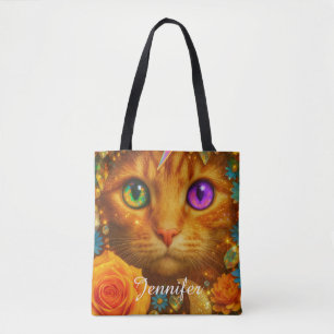 Mystische Regenbogen-Augen-Katze Blumtraum Tasche
