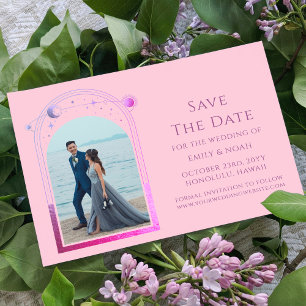 Mystische rosa lila himmlische Hochzeitsfoto Save The Date